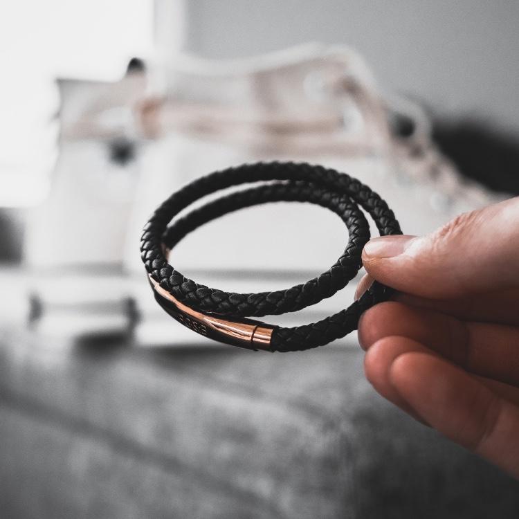 Double Leather Bracelet - Our Men's Double Leather Bracelet with Black Leather and a Polished Rose Gold Adjustable Clasp Engraved with our Signature RG&B Logo.